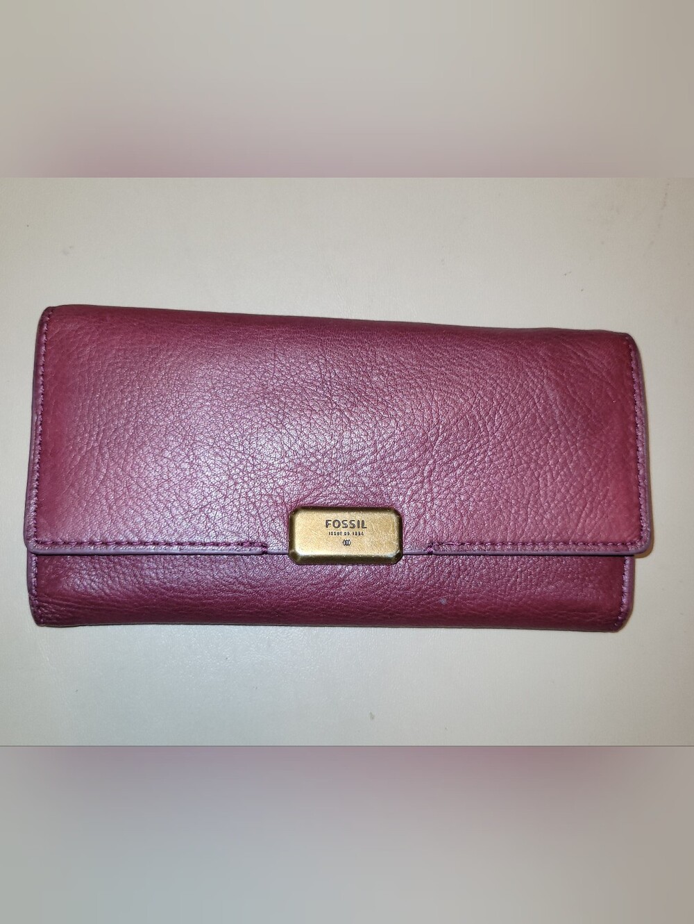 Fossil Plum Leather Continental Wallet with Gold Plaque
